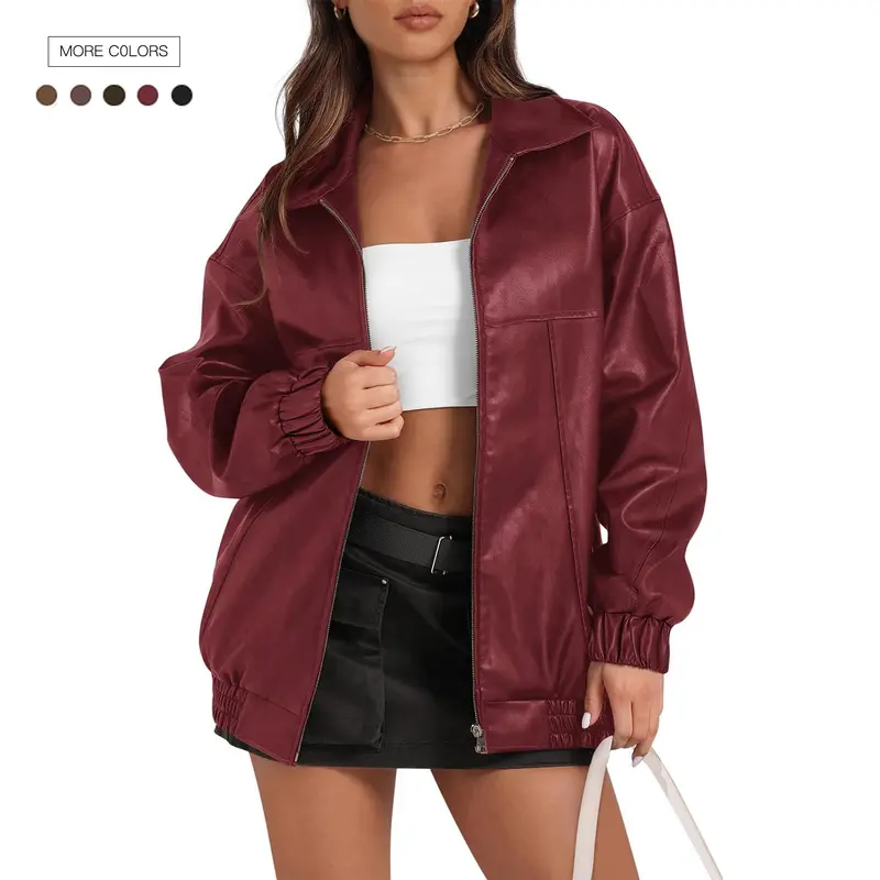 Women's Trendy Faux Leather Moto Jacket - Casual Collared Zip-Up Chic Biker Coat, Lightweight Fall Outerwear for Dating, Party, Back to School