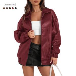 Danedvi Women's Collared Faux Leather Oversized Long-Sleeve Basic Lightweight Motorcycle Bomber Jacket - Casual Zip-Up Layerable Solid Outerwear for Fall Winter, S-XXL