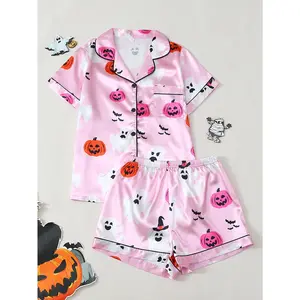Halloween Sweet & CoolCouple Set! Pink Halloween pajama set with ghostly pink base + ghost, pumpkin, bat prints. Short-sleeve top with shorts, lapel and button design. Every pattern hides festive surprises-top choice for sweet-cool girls! Loungewear Piece