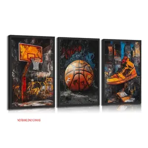 3-Piece Set, Graffiti Basketball Canvas Material Wall Art, Sneakers, Basketball Court Poster, Printed Art, Retro Abstract Graffiti, Teen Art, Wall Decor for Teen Boys, Living Room & Bedroom Decor, Frameless, Unframed Wall Art