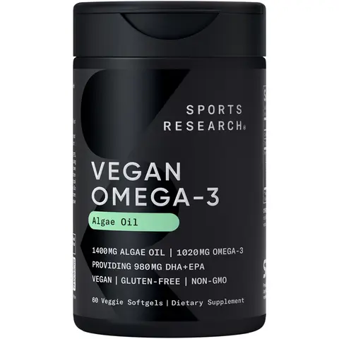 Sports Research Vegan Omega-3 Fish Oil Alternative - Made from Algae Oil - Plant-Based Source of  DHA & EPA Fatty Acids | Non-GMO Verified & Vegan Certified - 60 Veggie Softgels (Carrageenan Free)