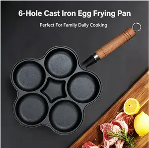 6‑Hole Cast Iron Egg Frying Pan, Non‑Coated Multi‑Section Skillet with Heat‑Resistant Wooden Handle, Non‑Stick Grill Pan for Breakfast Eggs, Pancakes, Burgers, Compatible with All Stoves for Home Cooking & Outdoor Use