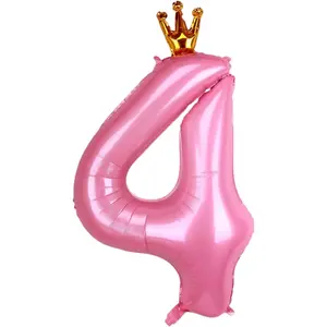 40 Inch Crown Pink Number 4 Balloon, Big Conjoined Pink Foil Mylar Helium 4 Balloon |   Girls 4th Birthday Party Balloons Princess Theme Birthday Party Decorations Supplies Favors