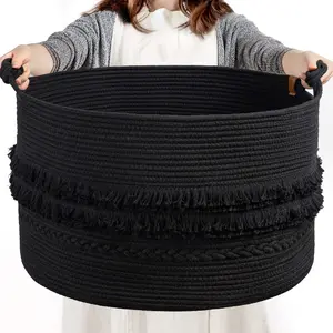 22"x22"x14" Large Blanket Basket, Home Décor for Living Room Bedroom, Boho Decorative Laundry Basket for Clothes, Baby Toy, Black