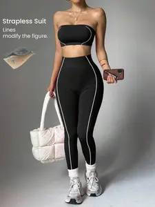 Women's Purple Seamless White Striped Sports Bra And Leggings Set Yoga Leggings Set Strapless Two Piece Set Workout Set 2 Piece Gym Two Piece Set Legging Two Piece Set Curve Activewear Set