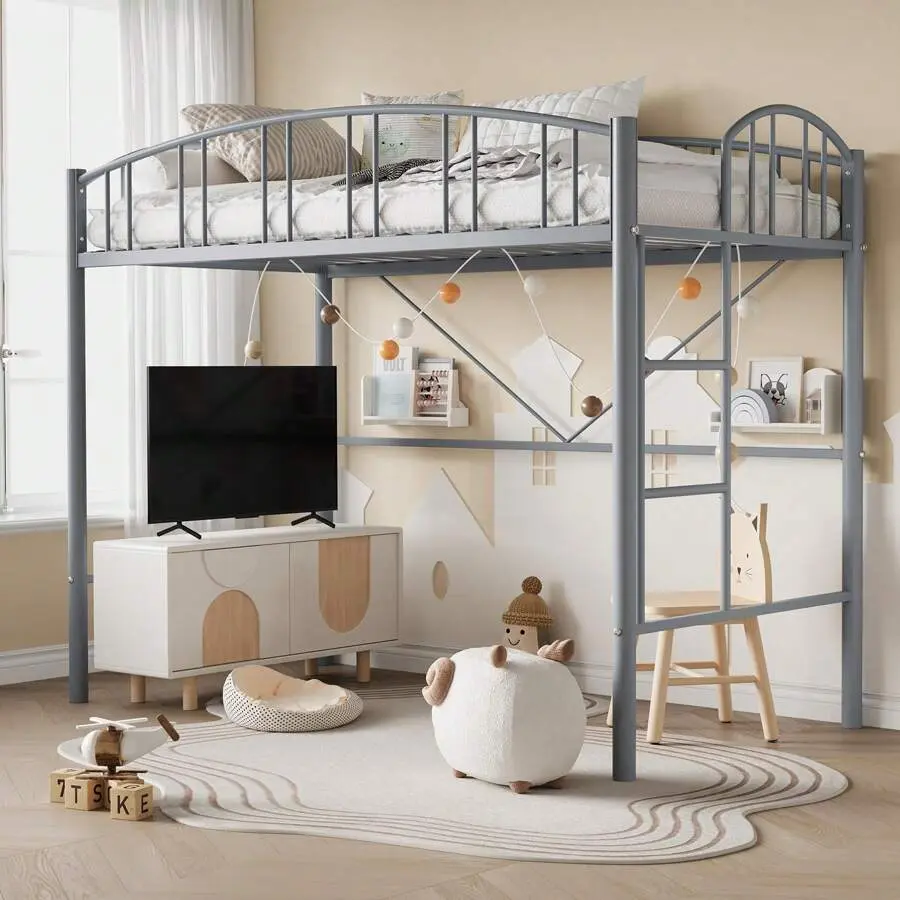 Loft  Frame, Single Double , Heavy Duty Metal Loft  Frame With Arched Guardrails And Safety Ladder, Space Saving, No Box Spring Required, Matte Grey, Black, White bed Primed "