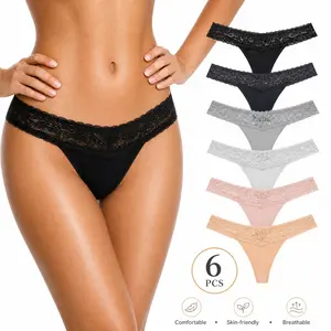 Women's 6-Pack Low-Rise Cotton Spandex Lace Thongs - Soft, Breathable, Cheeky, Stretchable, Aesthetic Underwear for Casual Use