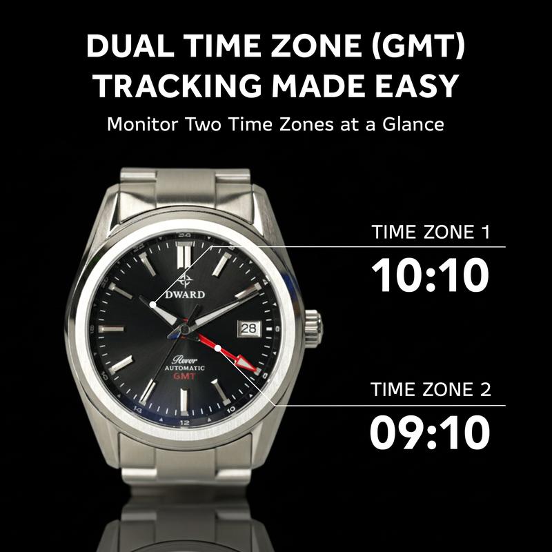 DWARD GMT Rover Automatic Watch with Dual Time Zone Function – Sapphire Crystal, 316L Stainless Steel (Black Granite)