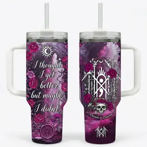[ On Sale 45% ] The Apparition Lyrics 40oz Tumbler with Handle Straw I Thought I Got Better Purple Gothic Roses Skulls Travel Mug Alternative Metal Gift