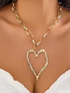 Chunky Gold Heart Necklace for Women,Y2K Big Heart Statement Necklace Long Puffy Hearts Chain Charm Necklaces Trendy Jewerly Heart Design Necklace