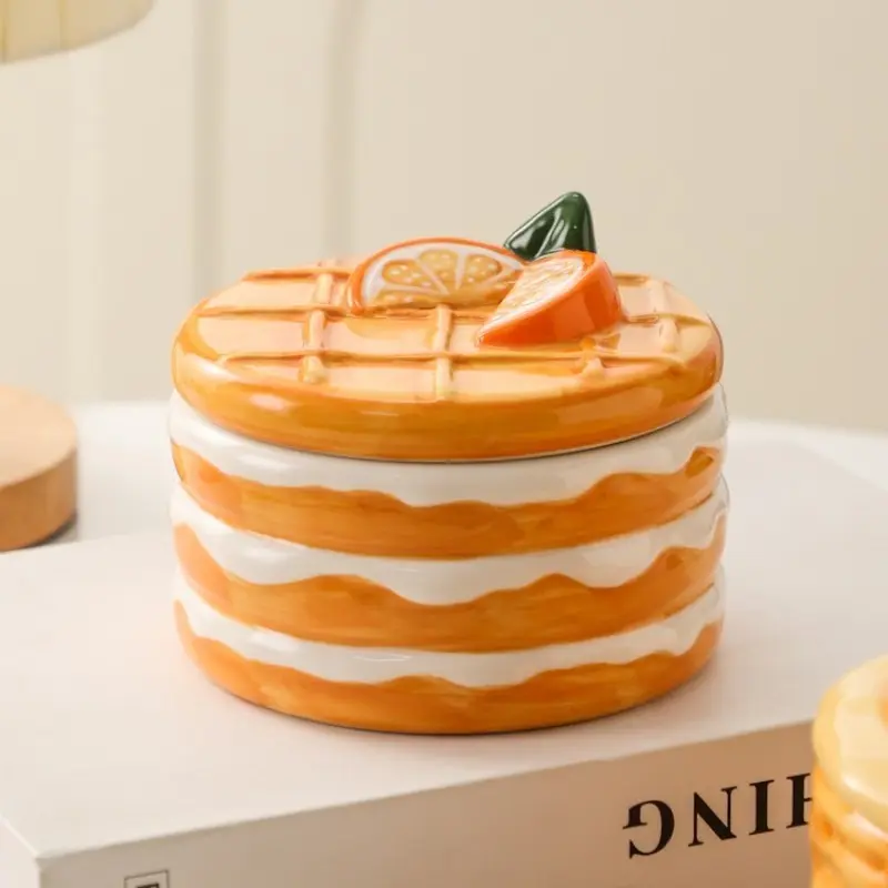 1Pc Ceramic Storage Jar, Apple Cake & Orange Waffle Mille Crepe Design, Decorative Canister with Lid for Dried Fruits, Snacks, Candies & Small Accessories, Cute Home Ornament & Perfect Gift