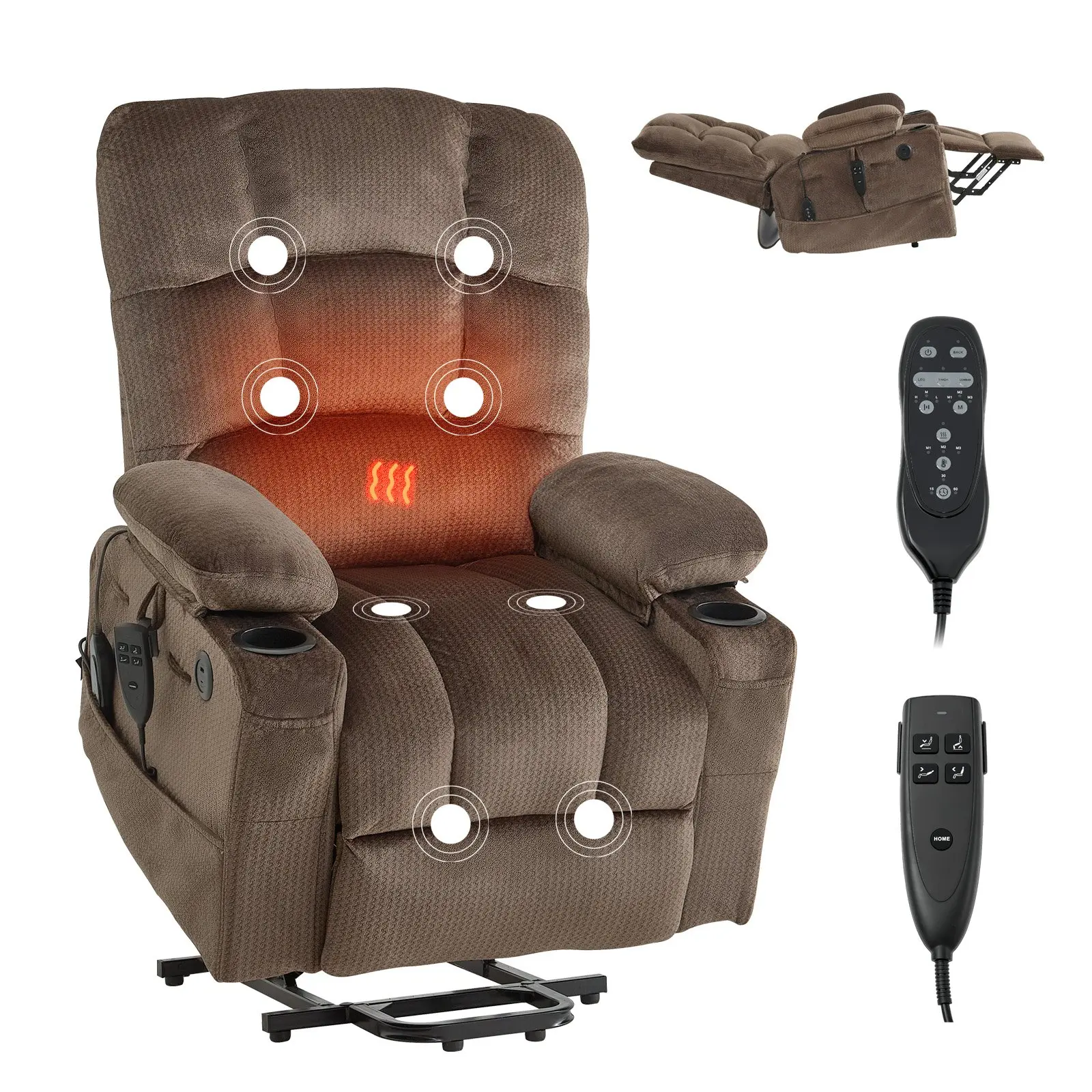 VEVOR Velvet Power Lift Recliner Chair for Elderly, Dual Motor Electric Chair with Heat, Massage, 90x94x108 cm Size, Infinite Position Adjustment, Foam Padding, USB Port, Remote Control, Side/Front Pockets, Cup Holders, Brown