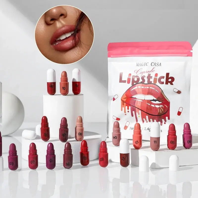 18-Color Capsule Lipstick Set - Mini Matte, Long-lasting, Waterproof, Non-transfer,Soft matte finish
