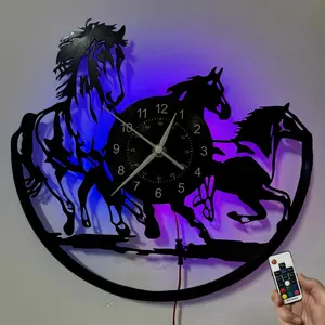 Colorful vinyl wall clock, with the design of galloping horses, suitable for home decoration, office decoration, hotel decoration, as a holiday gift, birthday gift, graduation gift, tabletop decoration, and art collection, Lighted wall clock.
