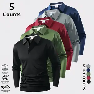 Men’s Long-Sleeve Polo Shirt Set, 5-Piece Assorted Styles, Casual Business Style, Solid Color Top, 100% Polyester Fabric, Suitable for Daily Commuting and Casual Gatherings, Classic Formal Design graphic Versatile Long-Sleeved Men's, Menswear