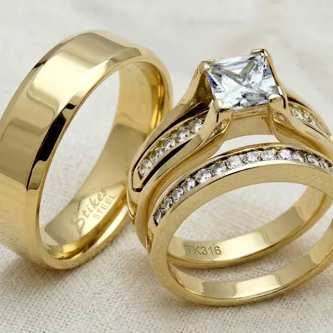 Lanyjewelry Elegant Unisex 14K Gold-Plated Princess/Round Cubic Zirconia Wedding Ring Sets - Men’s Flat Stainless Steel Gold Band, Ring Stack, Non-Tarnish Tarnish-Proof Jewelry, Hypoallergenic Artificial Gemstone Gift