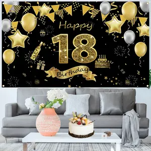 2D Flat Banner Polyester Photography Backdrop, HD Digitally Printed Soft Lightweight Foldable Background Cloth, Black and Gold Happy 18th Birthday Theme for Party Decorations, Photo Booth, Portraits, and Video Studio