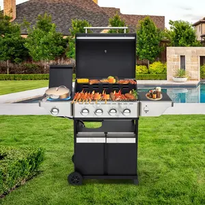 4-Burner Stainless Steel Propane Gas Grill with Side Burner - Outdoor BBQ Cooking Grill with Storage Cabinet, Ideal for Patio & Backyard Stainless Steel 4-Burner Propane BBQ Grill - Side Burner Included, Outdoor Cooking Grill with Cabinet for Backyar