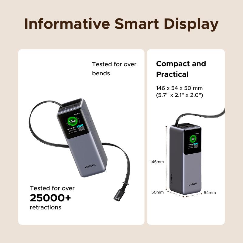UGREEN Nexode Power Bank 20000mAh 165W with Built-in Retractable USB C Cable Laptop Travel Portable Charger, 100W Input, Fast Charging for MacBook Pro/Air/iPhone 17 16/iPad Pro/Galaxy S25 Ultra/Dell/HP and More TikTokShopBlackFriday ,TikTokShopHolidayHaul