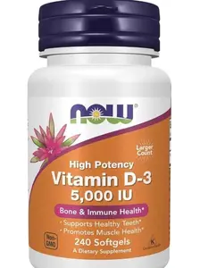 NOW Vitamin D-3 5,000 IU High Potency Softgels - Structural Support, 240 Count - Dietary, Edible