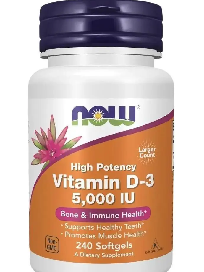 NOW Vitamin D-3 5,000 IU High Potency Softgels - Structural Support, 240 Count - Dietary, Edible
