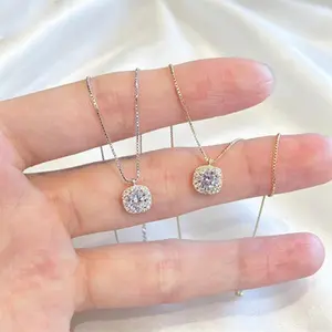 Women's Small Square-Cut Diamond Necklace — Simple Pendant Style, Clavicle Chain