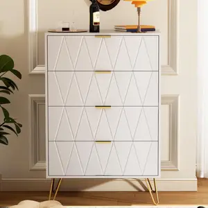 UEV 4 Drawer Dresser White with Gold Handles, Drawer Chest Tall Storage Dresser Cabinet Organizer Unit with Gold Metal Legs for Bedroom, Living Room