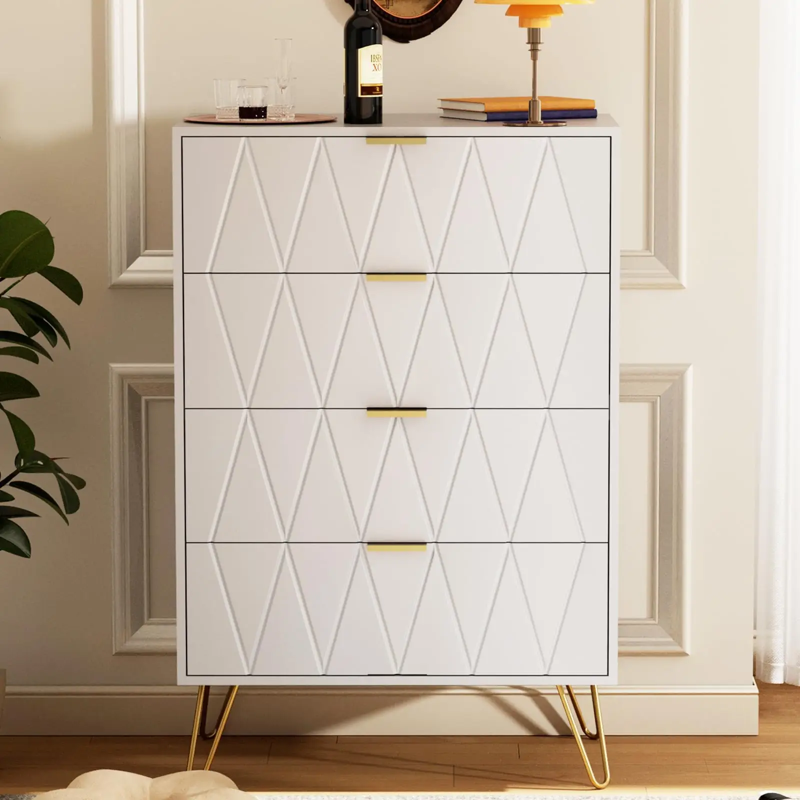 UEV 4 Drawer Dresser White with Gold Handles, Drawer Chest Tall Storage Dresser Cabinet Organizer Unit with Gold Metal Legs for Bedroom, Living Room