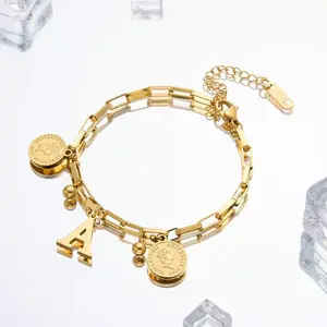Bogadion Titanium Steel Hip-Hop Queen Coin Bracelet - Fadeless, Trendy, 26-Letter, Viral Minimalist Cool Fashion Accessory