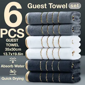 6-Piece Gold Line Decorative Thick Face Towels, Modern Bathroom Set, Super Absorbent, Quick Dry, Microfiber, Reusable, 35x50cm, All Seasons