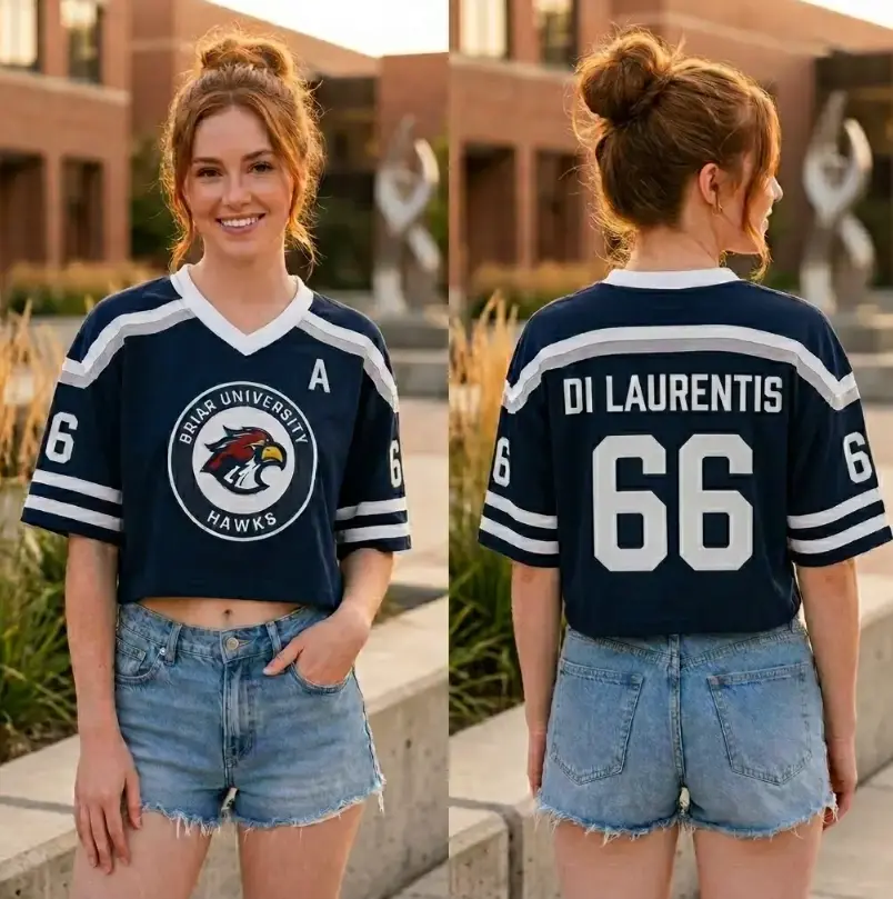 Custom Briar University Hawks Crop Top Jersey, Personalized Navy Blue Off Campus Series Graham Di Laurentis Logan Cropped Hockey Top, Best Gift for Her Book Lovers & Sports Fans