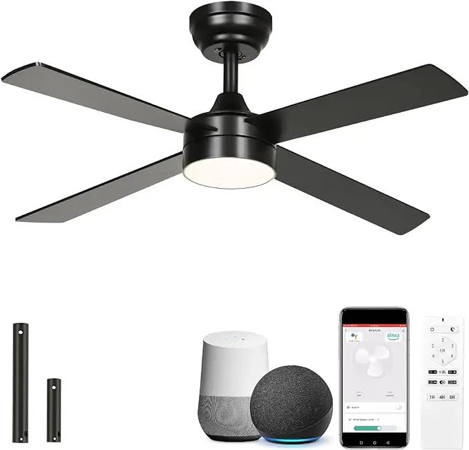 Yitahome 48 Inch Black Ceiling Fan with Lights and Remote,4 Blades, App Control, Modern Smart Ceiling Fan Compatible with Alexa for Indoor, Reversible
