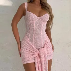 Sexy Lace Corset Mini Dress Ribbon Front Bandeau Slim Dress Women's 2025 Summer Beach Party Dating Casual Elegant Vacation Outfit Dress
