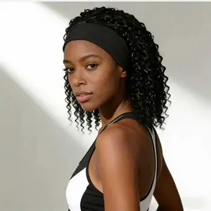 Women's High Density Deep Curly Headband Wig, Lace Free Machine Woven Deep Wave Adhesive Free Hair Wig