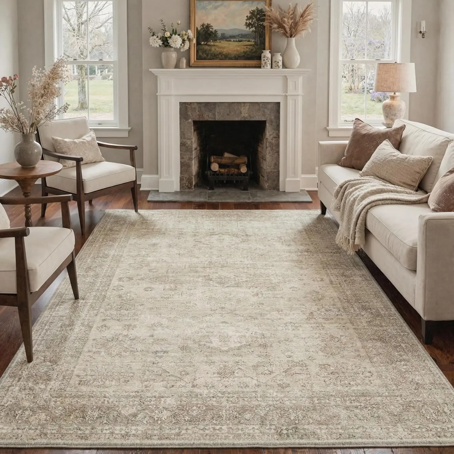 【Deals For You Days】BEIMO Area Rugs for Living Room, Vintage Faded Non Slip Machine Washable Rugs, Soft Lightweight Floral Area Rugs for Bedroom Dining Room Office Home Decor Indoor, Ivory