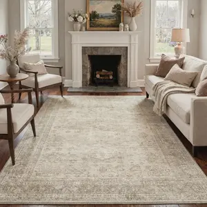 【Summervibes】GENIMO Area Rugs for Living Room, Vintage Faded Non Slip Machine Washable Rugs, Soft Lightweight Floral Area Rugs for Bedroom Dining Room Office Home Decor Indoor, Ivory