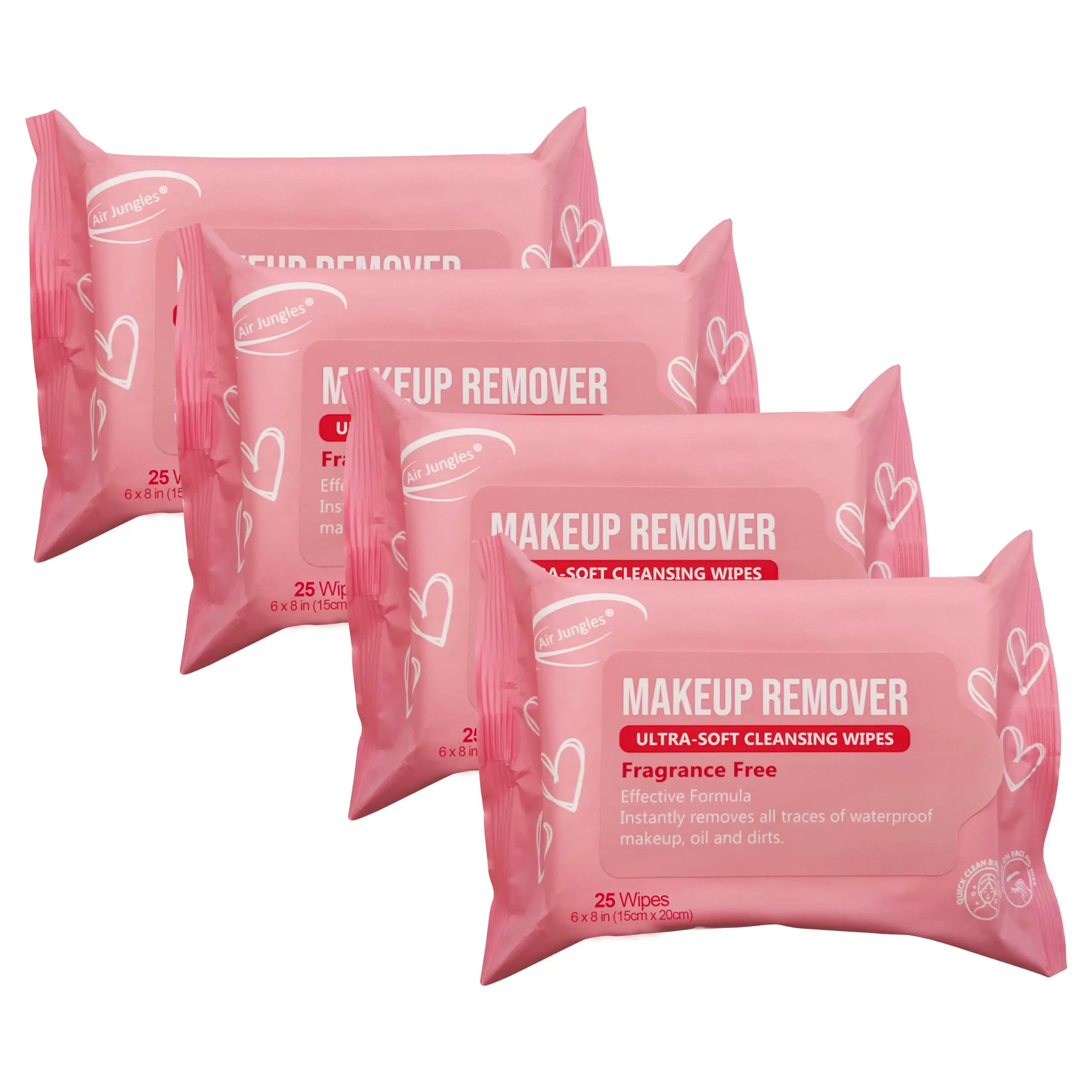 Air Jungles Makeup Remover Wipes 25 Count (Pack of 4), Fragrance-Free, Gentle Removes Makeup and Oil, Ultra-Soft Cleansing Wipes, Daily Cosmetic Scent