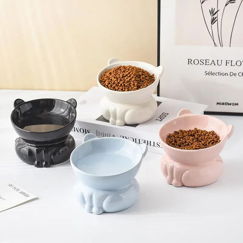 Ceramic Cat Food Bowl, 1 Count Cute Cartoon Design Pet Feeding Bowl, High Foot Slanted Mouth Cat Feeding Bowl, Pet Feeding Supplies for Pet Dog & Cat