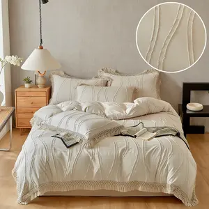 Khaki tassel Decorative duvet cover set (2/3 pieces). Features a 3D irregular vertical stripe pattern and tassels. Made of washable polyester fiber, farmhouse-style bedding set, comfortable, breathable, durable bohemian-style gift. hotel quality.