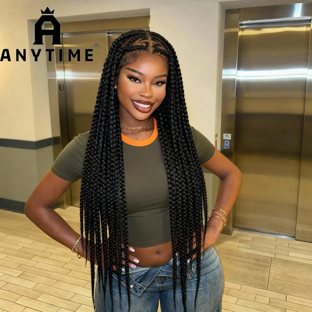 ANYTIME Wig Elegant Full Lace Heart-Shaped Braided Wig for Women - Synthetic, Knotless Box Braid with Handcrafted Cornrows, 180% Density, Straight Hairline