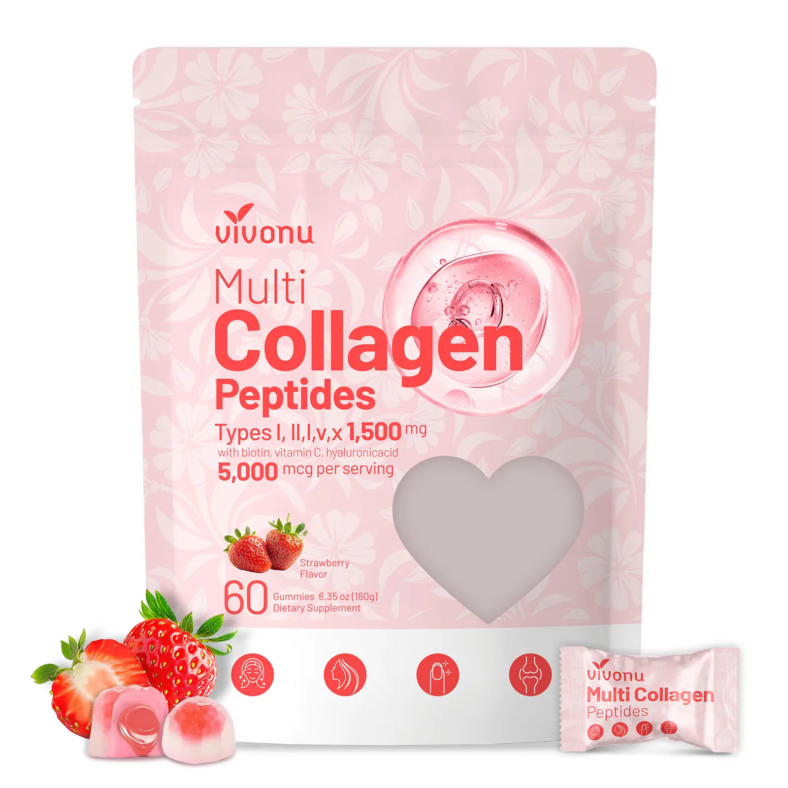 Multi Collagen Peptides Gummies for Women & Men Sugar-Free, Multi Collagen Hydrolyzed Protein Type I,II,III,V,X, Biotin, Methylated B12, Vitamin C A E D3 B6 for Skin Hair Nails, Bone (120pcs)