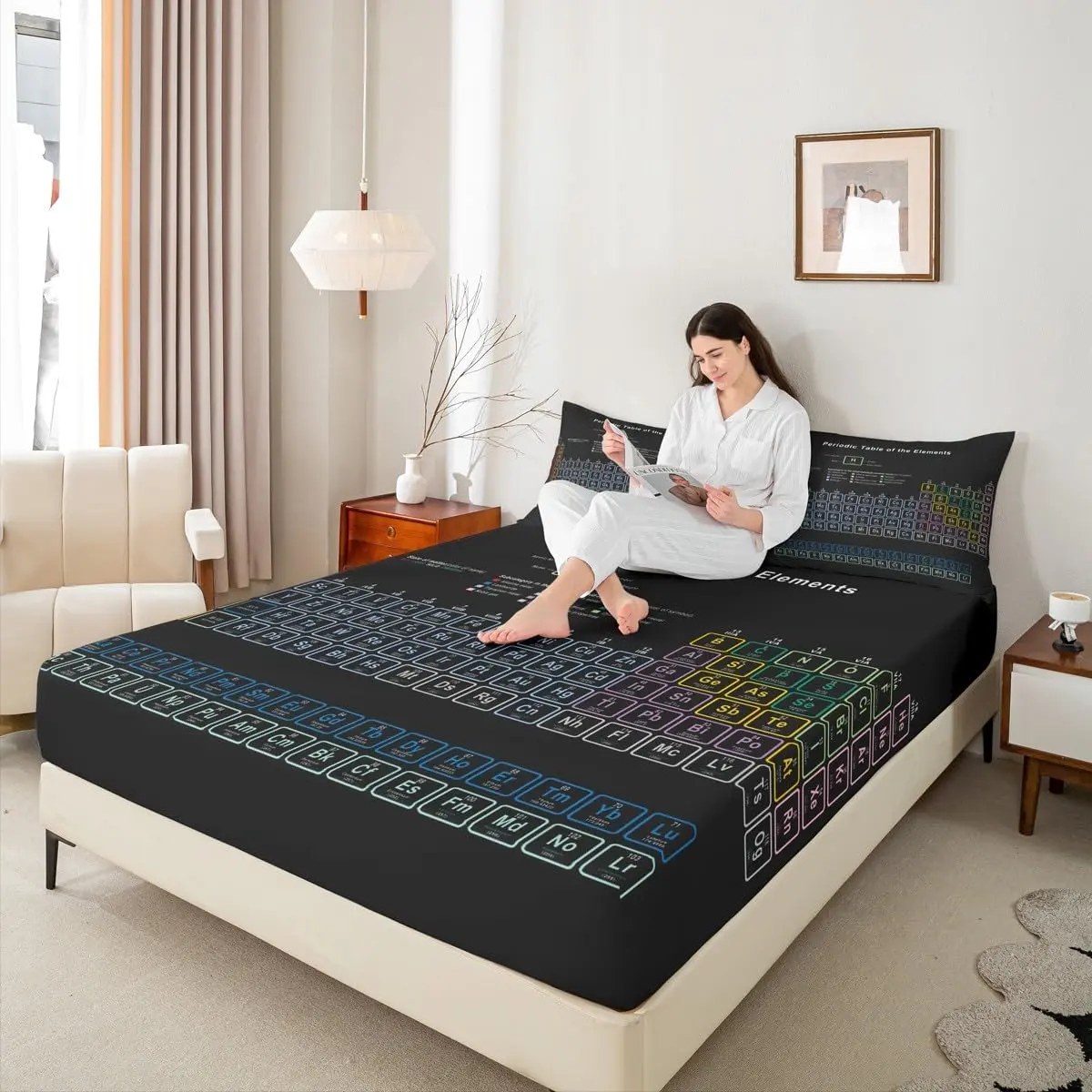 Chemistry Theme Bedding Sets,Periodic Table of Elements Fitted Sheet,Science Chemistry Lovers Fitted Bed Sheets Man Bedroom Decor Bedding Set,Black