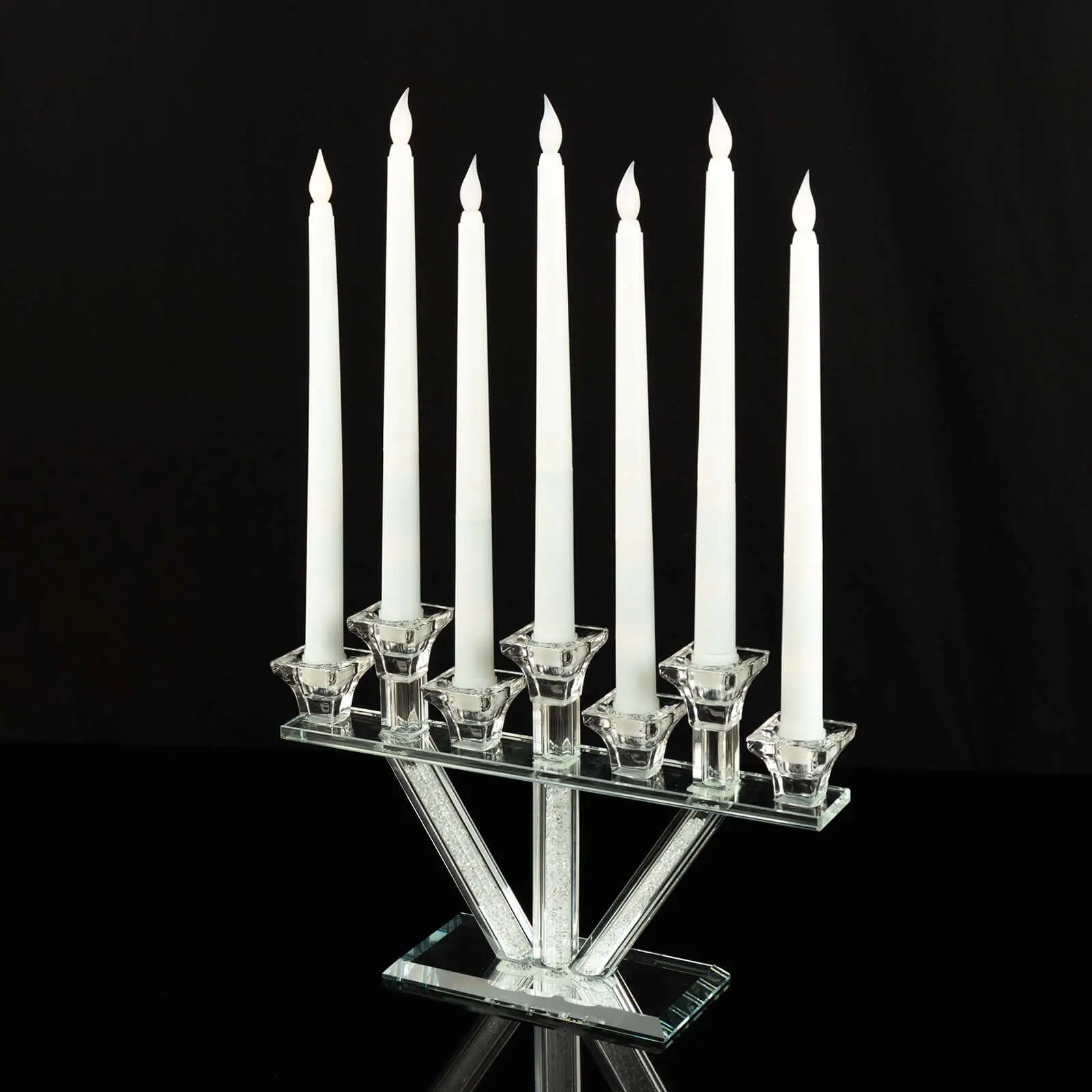 12" Crystal Glass 7-Branch Taper Candelabra - Table Centerpiece Decor with Crystal Filler, Mirror Base Stand for Weddings, Festive Parties