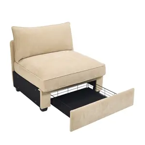 Armless Sofa Velvet with Storage Drawer Modern Living Room Furniture Beige Upholstery