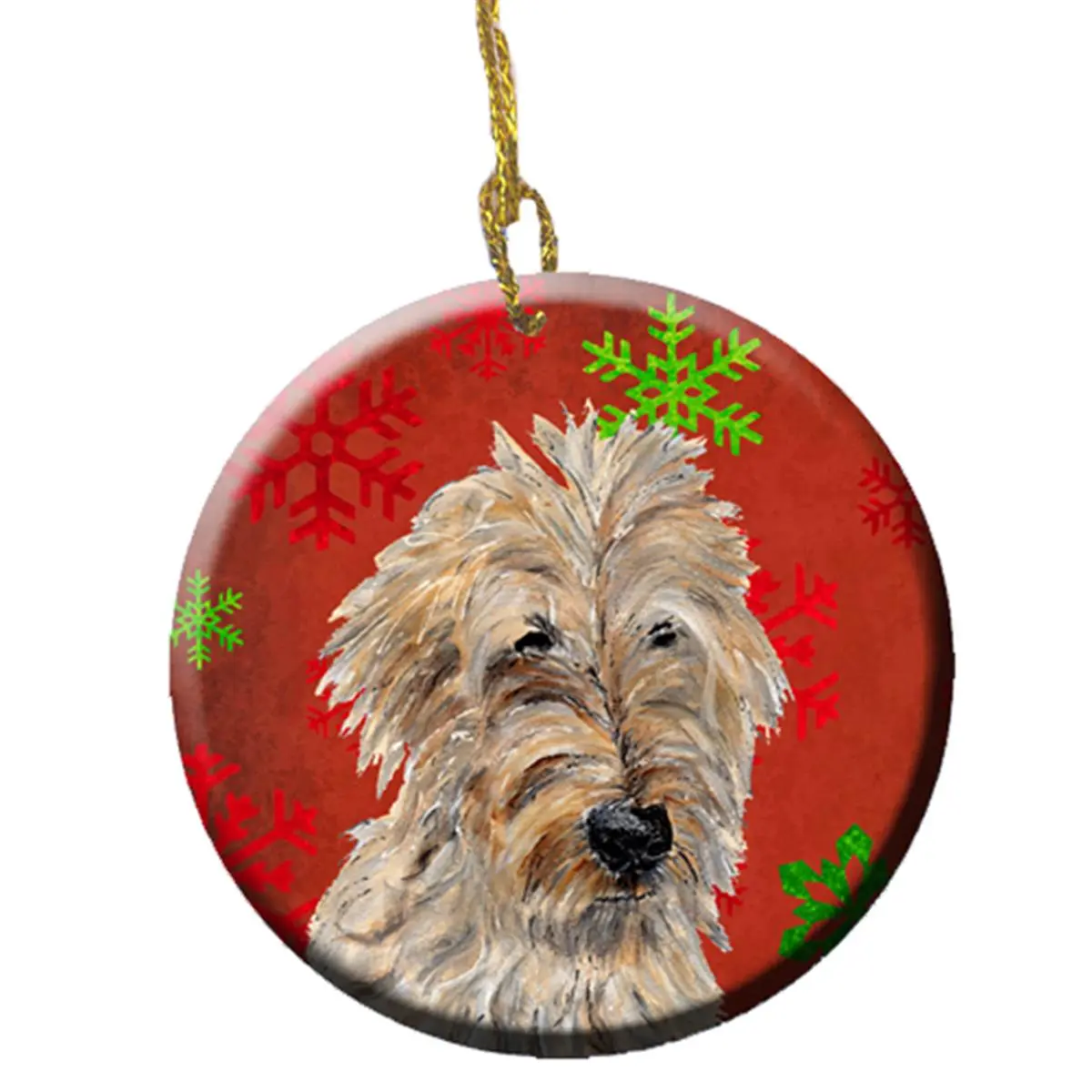 Golden Doodle 2 Red Snowflakes Holiday Ceramic Ornament