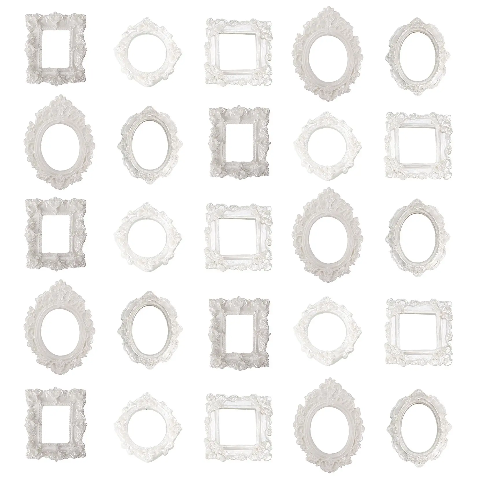 Vintage White Mini Picture Frames Set of 25, Ornate Resin Photo Frames for Tabletop Display, Small Antique Decorative Frames for Aesthetic Room Decor, Nail Art, Photo Booth, Party Decorations
