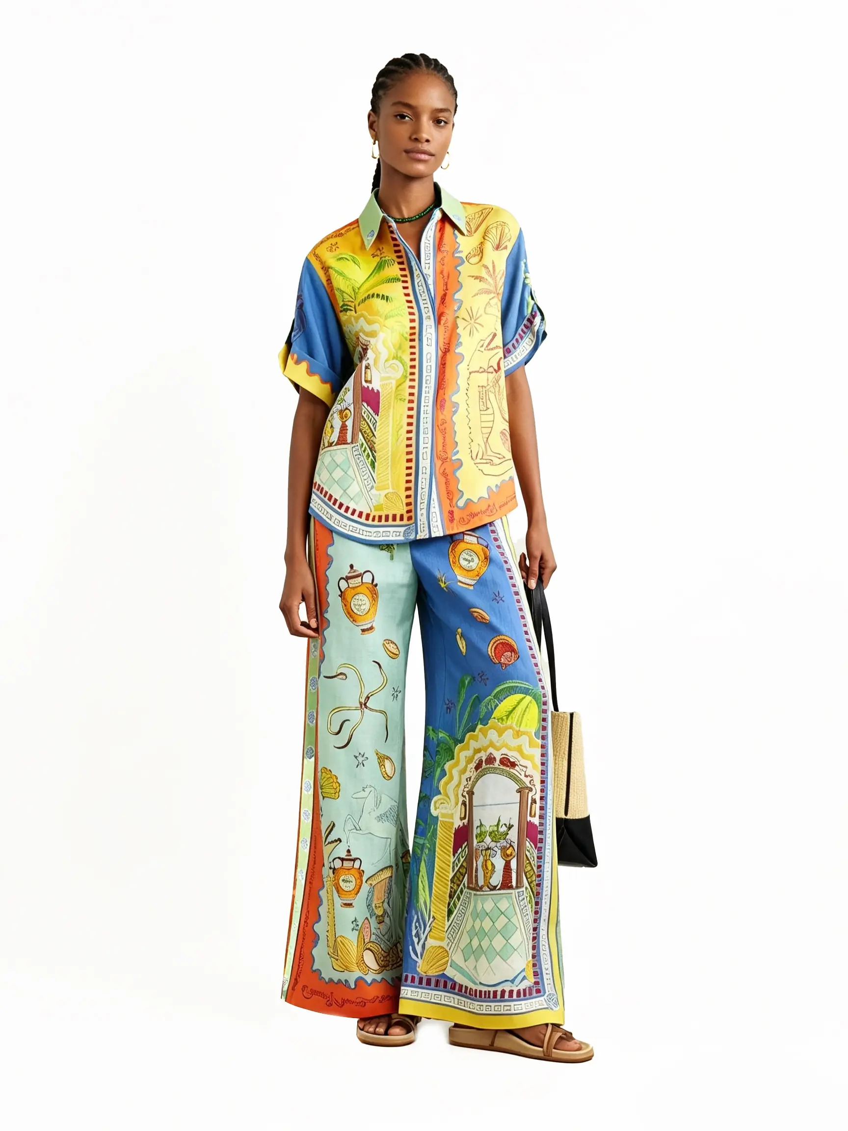 LikeMyChoice 2026 Women's Dreamy Unique Print Two-Piece Pants and Top Set - Loose Short-Sleeve Shirt, Comfortable Long Pants, Lightweight and Cool Fabric, Perfect for Travel and Everyday Wear, Boho Coastal Casual Resort Wear Outfit,Summer  lounge