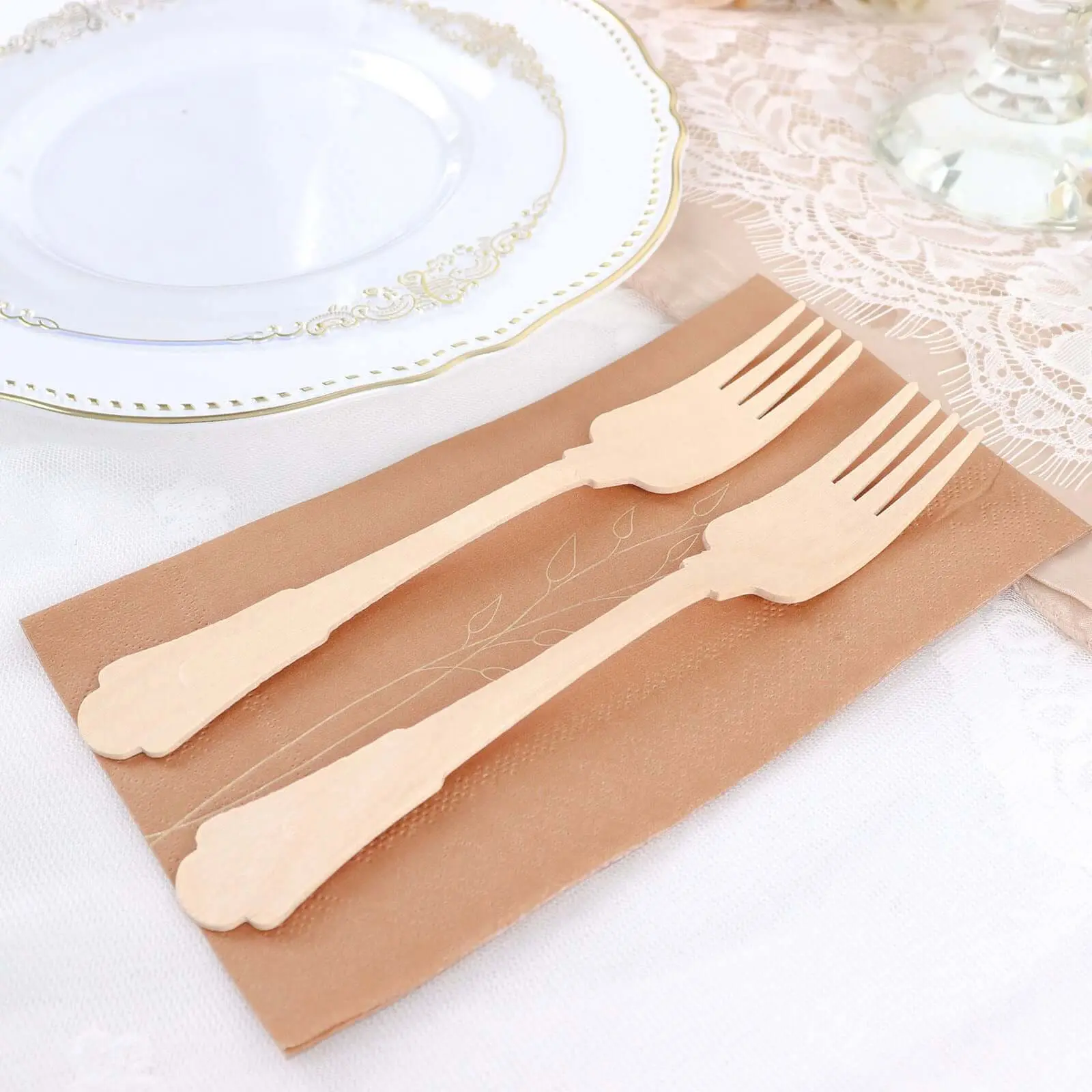 7.5" Birchwood Disposable Wood Forks, 24-Pack - Natural Vintage Baroque Eco-Friendly Cutlery, Party Supplies for Outdoor Picnics, Rustic-Themed Gatherings, Picnic