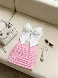 Women's Solid Color Knot Ruffle Halter Top and Pleated Skirt Set, Casual Fashion Comfortable Half Dress Set, Summer Women's Clothing