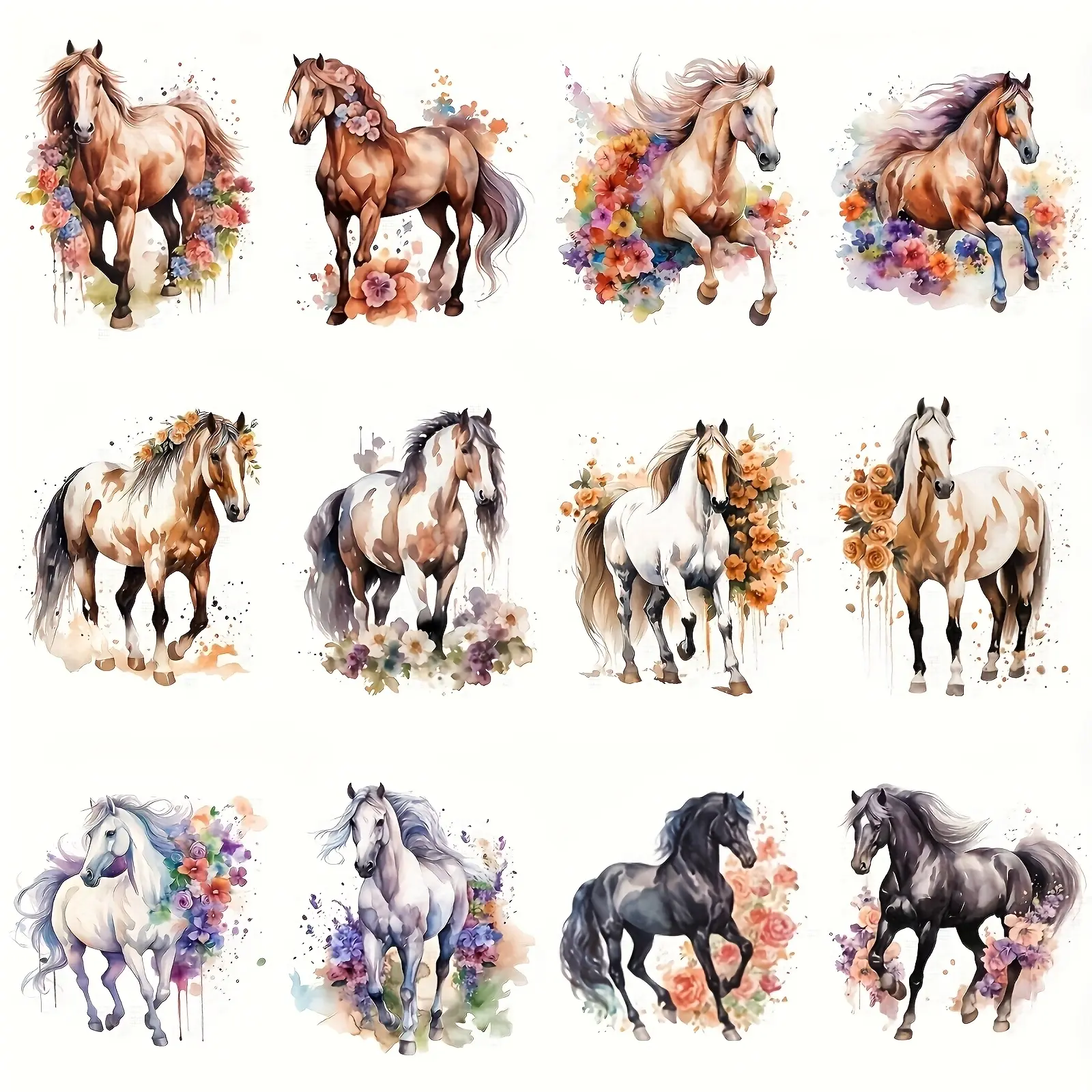 12 Vibrant Horse & Floral Heat Transfer Vinyl Stickers, Washable, Fade Resistant, DIY Material, Perfect for DIY T-Shirts, Backpacks, Textile Crafts